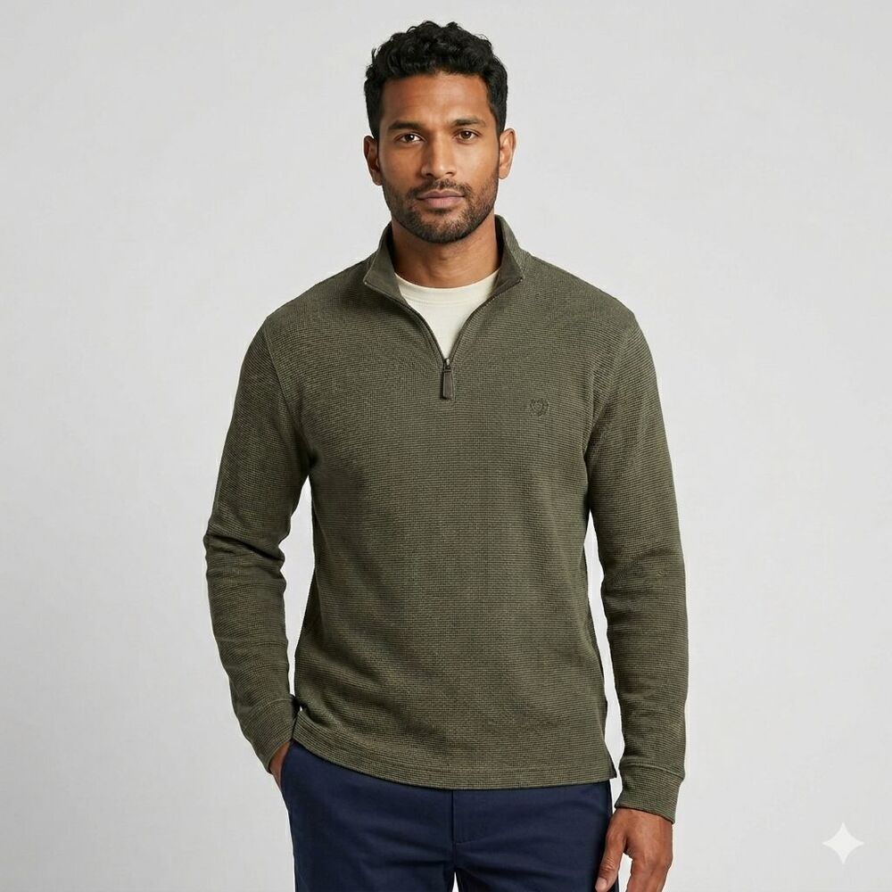 Chaps Men's XL Green 1/4 Quarter Zip Up Sweater Waffle Knit Long Sleeve Pullover